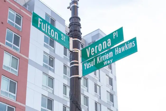 The corner of Verona Place and Fulton Street was co-named after Yusuf Kirriem Hawkins Way. Hawkins was killed in 1989 after a confrontation with a white mob in Bensonhurst.